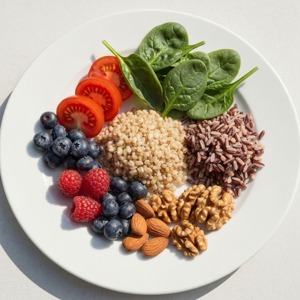 Vyvážené jedlo s čerstvou zeleninou, ovocie a obiliami na čistom tanieri