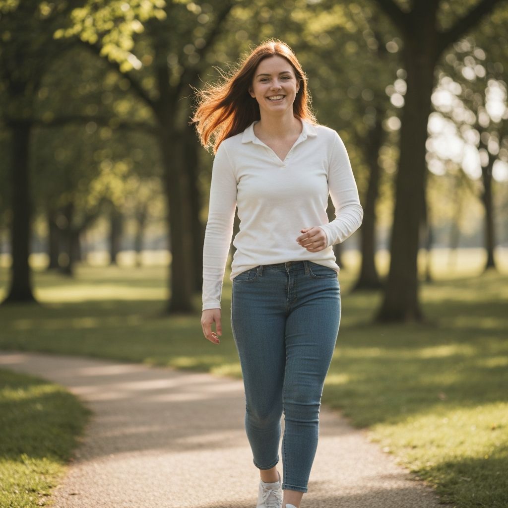 Osoba idúca v parku s prirodzeným osvetlením a hlbkou pohľadu